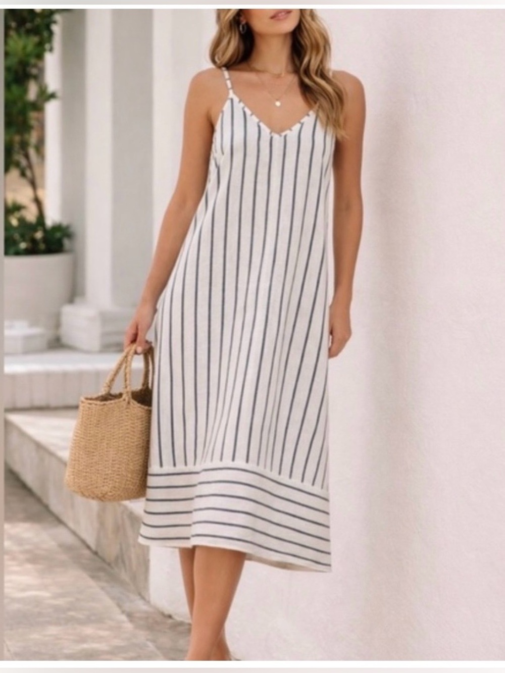 Casual Striped V-Neck Midi Dress in White and Navy